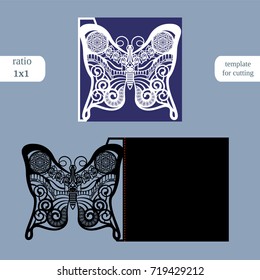 Laser cut wedding square card template. Cut out the paper card with butterfly pattern. Greeting card template for cutting plotter. Metal plate cut by laser. Vector.