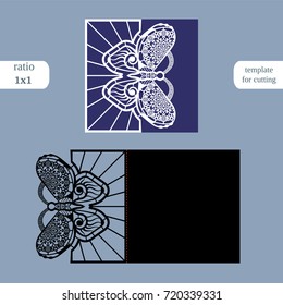 Laser cut wedding square card template. Cut out the paper card with butterfly pattern. Greeting card template for cutting plotter. Metal plate cut by laser. Vector.