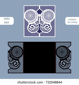 Laser cut wedding square card template. Cut out the paper card with butterfly pattern. Greeting card template for cutting plotter. Metal plate cut by laser. Vector