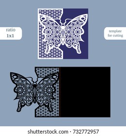 Laser cut wedding square card template. Cut out the paper card with butterfly pattern. Greeting card template for cutting plotter. Metal plate cut by laser. Vector.