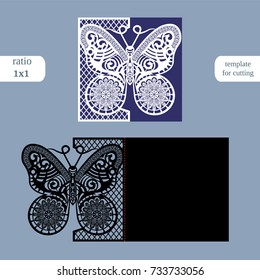 Laser cut wedding square card template. Cut out the paper card with butterfly pattern. Greeting card template for cutting plotter. Metal plate cut by laser. Vector.