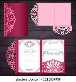 Laser cut wedding trifold envelope template vector. Wedding invitation or greeting card with abstract ornament. Suitable for greeting cards, invitations, menus.