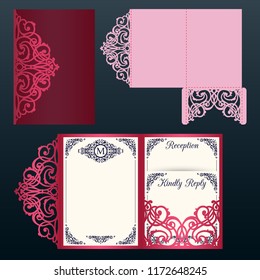 Laser cut wedding trifold envelope template vector. Wedding invitation or greeting card with abstract ornament. Suitable for greeting cards, invitations, menus.