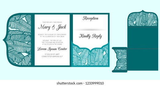 Laser cut wedding trifold envelope template vector. Wedding invitation or greeting card with tropical pattern of banana leaves. Suitable for greeting cards, invitations, menus.