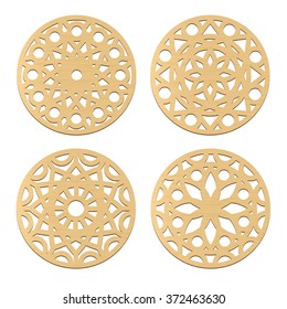 Laser Cut Wood Coasters Set. Geometric Decorative Mandala Designs.