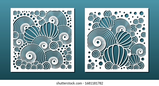 Laser cut yemplates for wood or metal cutting, paper art, panel decor, cnc stencil,  Abstractpattern, underwater world design with sea shells. Vector illustration