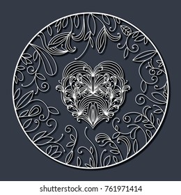 laser cutting abstract round frame with heart in center and branches with leaves around in steel blue background