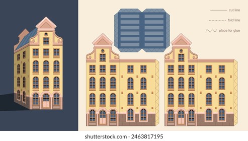 Laser cutting Amsterdam style house. Silhouette of a building of typical Dutch canal view at Netherlands. Stylized facades of old building. Paper carving vector template