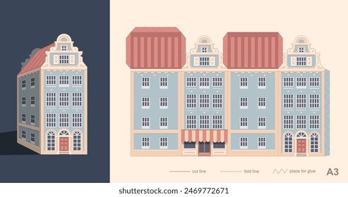 Laser cutting Amsterdam style house. Silhouette of a building of typical Dutch canal view at Netherlands. Stylized facades of old building. Paper carving vector template