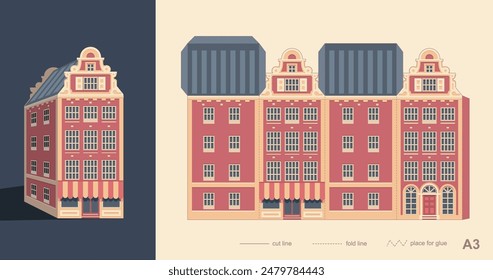 Laser cutting Amsterdam style house. Silhouette of a building of typical Dutch canal view at Netherlands. Stylized facades of old building. Paper carving vector template