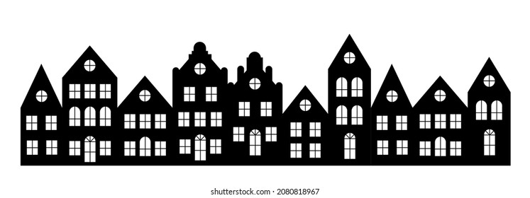 Laser cutting Amsterdam style houses. Silhouette of a row of typical dutch canal view at Netherlands. Stylized facades of old buildings