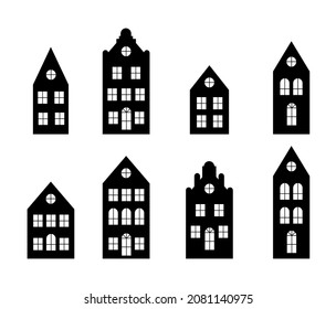 Laser cutting Amsterdam style houses. Silhouette of a row of typical dutch canal view at Netherlands. Stylized facades of old buildings