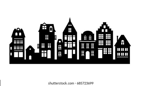 Laser cutting Amsterdam style houses. Silhouette of a row of typical dutch canal objects at Netherlands. Stylized facades of old buildings. Wood carving vector template. Background for banner, card.