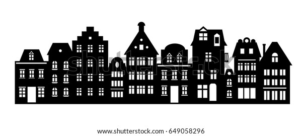 Laser cutting Amsterdam style houses. Silhouette of\
a row of typical dutch canal view at Netherlands. Stylized facades\
of old buildings. Wood carving vector template. Background for\
banner, card.