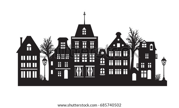 Laser cutting Amsterdam style houses. Silhouette of\
a row of typical dutch canal objects at Netherlands. Stylized\
facades of old buildings. Wood carving vector template. Background\
for banner, card.