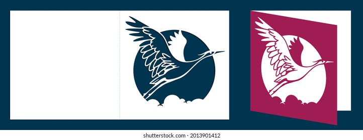 Plantilla de tarjeta de corte láser. Símbolo de un ave de grúa o de garza volando. Forma de ave de grúa para artesanía y decoración. Vector.