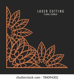 Laser cutting corner. Tapestry panel. Jigsaw die cut ornament. Lacy cutout silhouette stencil. Fretwork floral pattern. Vector template for paper cutting, metal and woodcut.