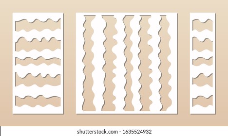 Laser cutting decorative panel. Cutout silhouette with modern abstract pattern, wavy lines, stripes. Laser cut stencil for wood, metal, paper, engraving, fretwork, carving. Aspect ratio 1:1, 1:2, 1:4