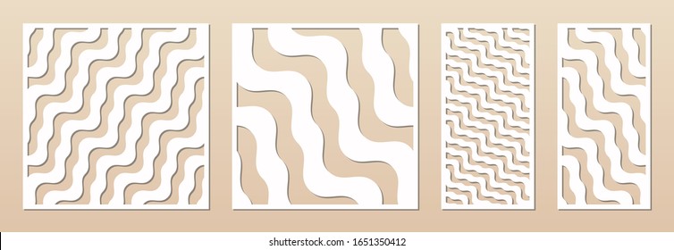 Laser cutting decorative panel set. Vector template with abstract geometric pattern, wavy lines, stripes. Laser cut stencil for wood, metal, engraving, fretwork, carving, paper. Aspect ratio 1:1, 1:2