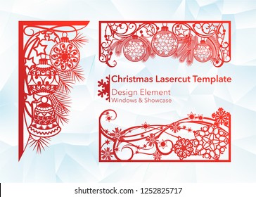 Laser cutting design for Christmas and New Year. A set of template of corner and horizontal elements to create a festive decor. Patterns for decorating a rectangular frame and border, windows, shop
