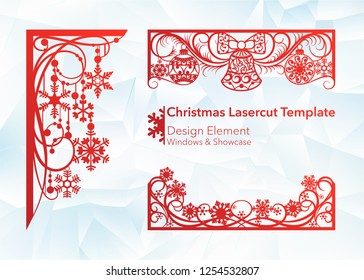 Laser cutting design for Christmas and New Year. Silhouette cut. A set of template of corner and horizontal elements to create a festive decor. Patterns for decorating a rectangular frame and border
