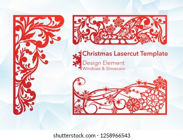 Laser cutting design for Christmas and New Year. Silhouette cut. A set of template of corner and horizontal elements to create a festive decor. Patterns for decorating a rectangular frame and border