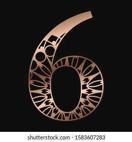 Laser cutting digit six. Woodcut vector design. Plywood lasercut gift. Pattern for printing, engraving, paper cut. Floral mandala design.