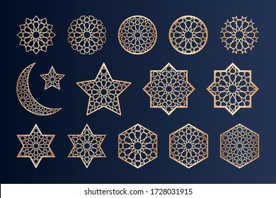 Laser cutting elements with islamic alhambra pattern. May be used for paper, metal, plywood, wood cutting. Arabic holiday decorations. Traditional islamic ornament.