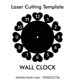 Laser cutting file of Heart wall clock for wall and home decor. Vector silhouette wall clock mockup for mdf, acrylic and metal. Gift idea for occasions of Valentines day, wedding and anniversary.