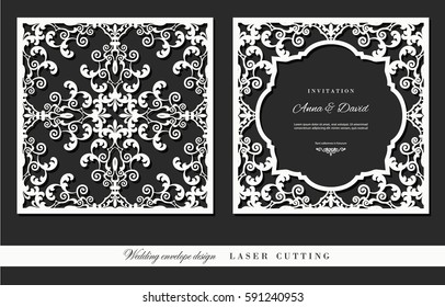 Laser cutting frame and damask panel set. Square filigree cutout envelope design. Front and back.