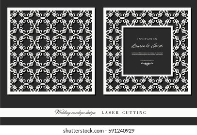 Laser cutting frame and ornamental panel set. Square filigree cutout envelope design. Front and back.