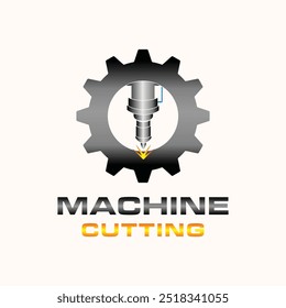 Laser cutting with gear icon vector silhouette. Cnc machine logo design
