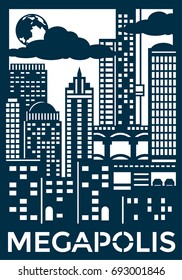 Laser cutting greeting card. Cityscape with cloudy sky and scyscrapers. City background made of building silhouettes. Vector illustration.