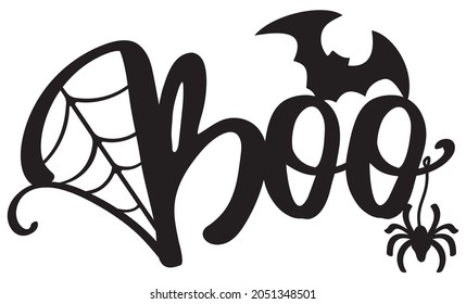 Laser cutting halloween template. Boo scary concept. Lettering design with bat, spider and net. Boo vector sign. Halloween message silhouette.  Isolated on white background.