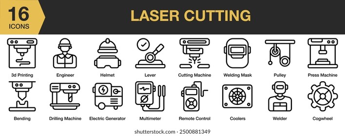 Laser Cutting icon set. Includes 3d printing, bending, coolers, helmet, multimeter, lever, and More. Outline icons vector collection.