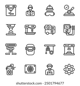 Laser Cutting icon set. Includes 3d printing, bending, coolers, helmet, multimeter, lever, and More. Outline icons vector collection.