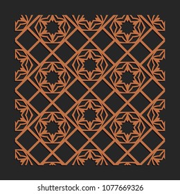 Laser cutting interior panel. Woodcut vector trellis design. Plywood lasercut floral tiles. Square seamless patterns for printing, engraving, paper cut. Stencil lattice ornament.