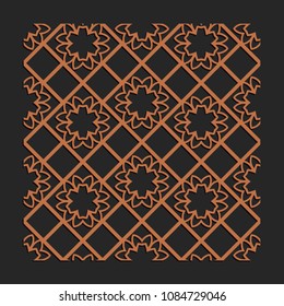 Laser cutting interior panel. Woodcut vector trellis design. Plywood lasercut floral tiles. Square seamless patterns for printing, engraving, paper cut. Stencil lattice ornament.