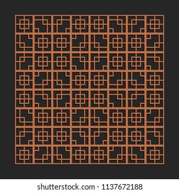 Laser cutting interior panel. Woodcut vector trellis design. Plywood lasercut square tiles. Square seamless patterns for printing, engraving, paper cut. Stencil lattice ornament.