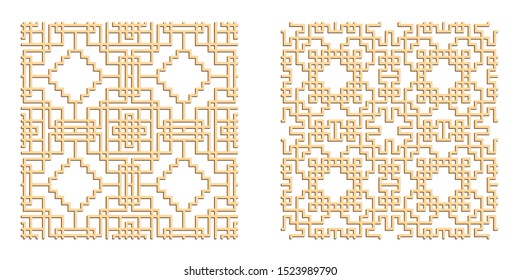 Laser cutting interior panels. Woodcut vector trellis design. Plywood lasercut square tiles. Square seamless patterns for printing, engraving, paper cut. Stencil lattice ornament. Decal pattern.