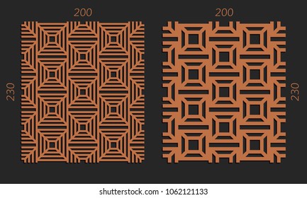 Laser cutting interior set. Woodcut vector trellis panels. Plywood lasercut design. Hexagonal seamless patterns for printing, engraving, paper cut. Stencil lattice ornaments.