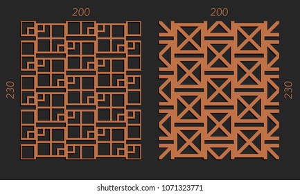 Laser cutting interior set. Woodcut vector trellis panels. Plywood lasercut design. Hexagonal seamless patterns for printing, engraving, paper cut. Stencil lattice ornaments.