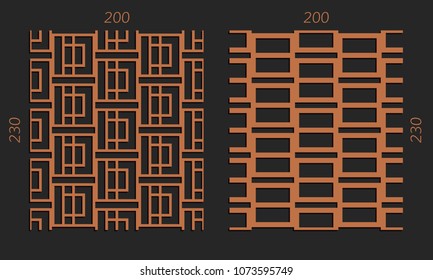 Laser cutting interior set. Woodcut vector trellis panels. Plywood lasercut design. Hexagonal seamless patterns for printing, engraving, paper cut. Stencil lattice ornaments.