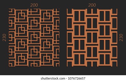 Laser cutting interior set. Woodcut vector trellis panels. Plywood lasercut design. Hexagonal seamless patterns for printing, engraving, paper cut. Stencil lattice ornaments.