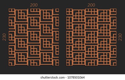 Laser cutting interior set. Woodcut vector trellis panels. Plywood lasercut design. Hexagonal seamless patterns for printing, engraving, paper cut. Stencil lattice ornaments.