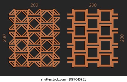 Laser cutting interior set. Woodcut vector trellis panels. Plywood lasercut design. Hexagonal seamless patterns for printing, engraving, paper cut. Stencil lattice ornaments.