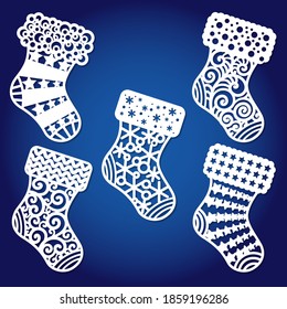 Laser cutting kit. Christmas socks. For cutting from any material. For Design, postcards, Christmas tree decorations, interior decoration elements, etc. Vector