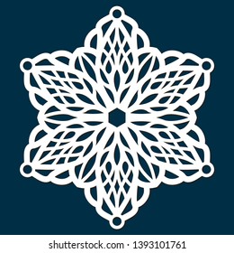 Laser cutting lace on white background. Abstract vector template. Die cut doily vector silhouette. Wood carving mandala. Wedding invitation design. Christmas snowflake art. Paper cutout panel. 