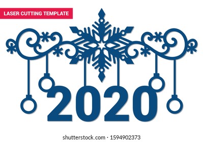 Laser cutting lace template for your design. Number 2020 hanging on snowflakes ornate shape. Decor of Christmas balls with snowflake. Xmas paper or wood cut out decoration. Vector new year silhouette.