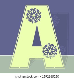 Laser cutting letter A. Woodcut vector design. Plywood lasercut gift. Pattern for printing, engraving, paper cut. Floral mandala design.
